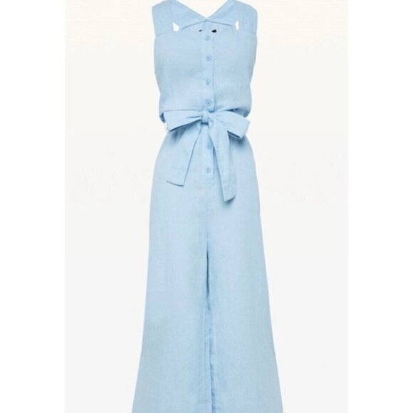 Juicy Couture Sz XS Blue Washed LINEN Cropped Jumpsuit Belted Pocket Wide Leg - Picture 12 of 13